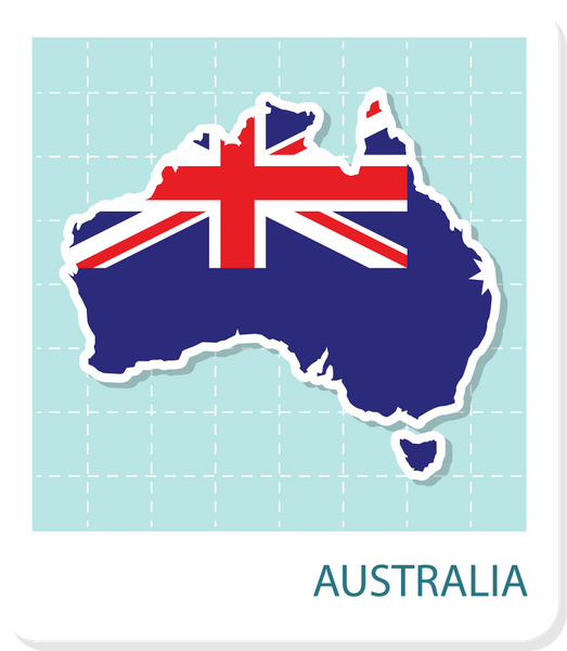 Stickers of Australia map with flag pattern in frame.