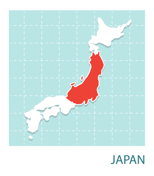 Stickers of Japan map with flag pattern in frame.